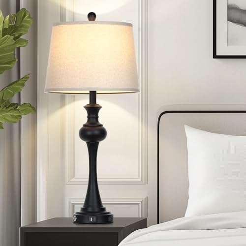 28.75 " 3-Way Touch Control Modern Table Lamp Set of 2 for Living Room , Bedside Lamp with USB A+C Ports, Mid Century Black Table Lamps, Nightstand Lamps Set ,Beige Fabric Shade Vintage Accent Style