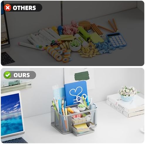 Marbrasse Mesh Desk Organizer, Pen Organizer with 2 Drawer, Multi-Functional Pencil Holder, Desk Organizers and Accessories with 5 Compartments + Drawer for Office Art Supplies (Silver)