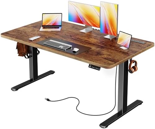 Huuger 55 X 24 Inch Electric Standing Desk with Power Outlets and USB-C Port, Height Adjustable Desk, Sit Stand Desk for Home Office, Computer & Gaming Desk, Stable Steel Frame, Rustic Brown