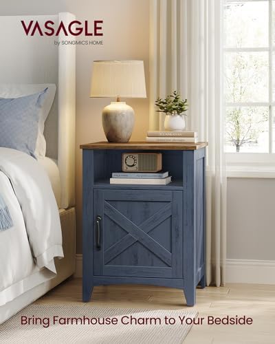 VASAGLE Farmhouse Nightstand with Barn Door, Bedside Table for Bedroom