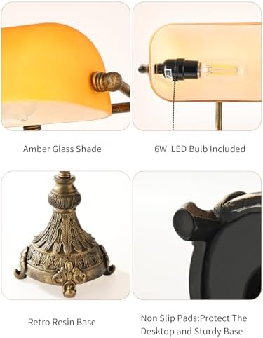 Vintage Amber Glass Bankers Desk Lamp,LED Bulb Included