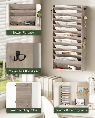 CHOEZON Wall File Organizer, 10-Tier Hanging Mail Organizer, Wall Mount File Holder with 4 Side Hooks, Industrial Mail and Storage Organizer, Wooden Vertical Hanging Holder for Office, Greige MWJ03FH