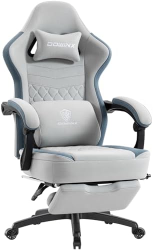 Dowinx Gaming Chair Breathable Fabric Game Chair with Gel Pad and Storage Bag, Comfortable Gamer Chair with Pocket Spring Cushion, Ergonomic Computer Chair with Footrest, Grey and Blue