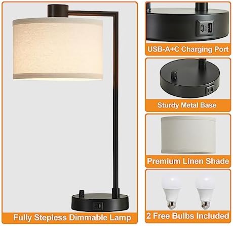 Luvkczc Table Lamp for Bedroom Set of 2 with USB C+A Ports, Fully Stepless Dimmable Bedside Lamp with Linen Lampshade, Contemporary Lamp for Living Room Reading Office, 2 LED Bulbs Included (Black)