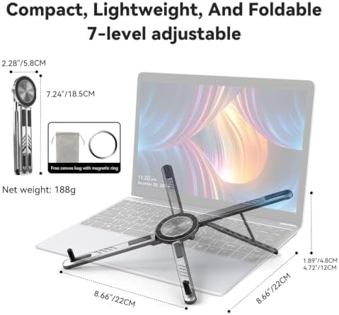 Portable Laptop Stand, Aluminum Foldable Adjustable Laptop Lifter with Magnetic Phone Stand, Compatible with 10-16 inch laptops, 4-13 inch Phones, and Tablets，(Grey)