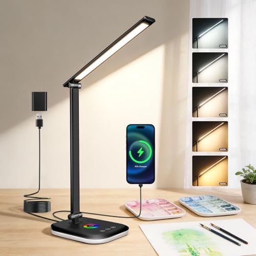 Bright LED Desk Lamp for Office Home, 10%-100% Dimmable Brightness & 5 Color, 800 Lumen Puzzle Light, Eye Caring Desk Light for Reading, Craft, Puzzl, Daily Use | USB desk lamp | 45 Min Timer | RGB