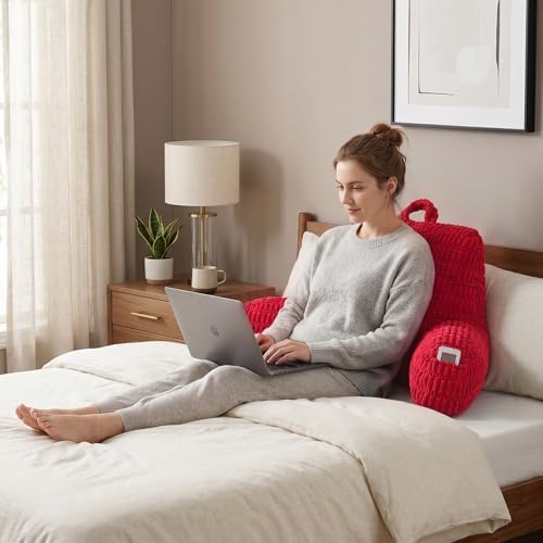 Large Reading Pillow for Sitting Up with Arms,Red Corduroy