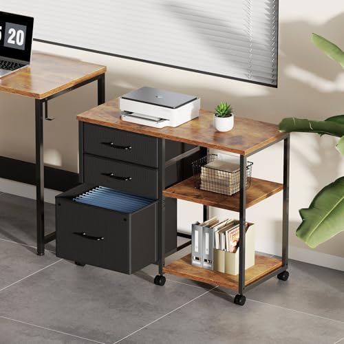 Maihail 3 Drawer File Cabinet with Wheels Rolling Printer Stand with Open Storage Shelf Fabric Lateral Filing Cabinet for Home Office,Rustic Brown