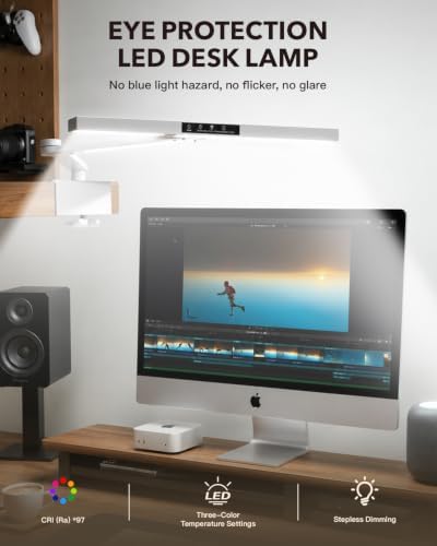 LED Desk Lamp, 23.6 Inch Extra Wide Clamp Light, 18W 1200LM Dimmable with 3 Color Modes, Eye-Caring Space-Saving Task Lamp for Home Office, Study,Reading