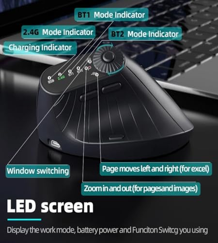 JOMAA Wireless 2.4G & Dual Bluetooth Three-Channel Ergonomic Vertical Mouse Adjustable DPI, Multi-Function Turntable for PC, Laptop, MacBook, Rechargeable (Black)
