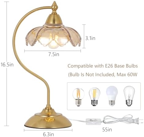 Table Lamps for Living Room, Flower Desk Lamp, Glass Beside Lamp for Nightstand, Gooseneck Small Table Lamp, Mid Century Modern Desk Light, Table Light for Bedroom Home Office Reading (Amber)