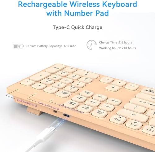 Rechargeable Wireless Keyboard for Mac and Windows, Ultra Slim 2.4GHz Full-Size Keyboard with Low-Profile Quiet Keys, Compatible with PC, Laptop, Windows 11/10/8/7 (Milk Tea)