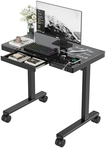 Monomi 35x20 Glass Electric Standing Desk with Drawer and Wheels, Black