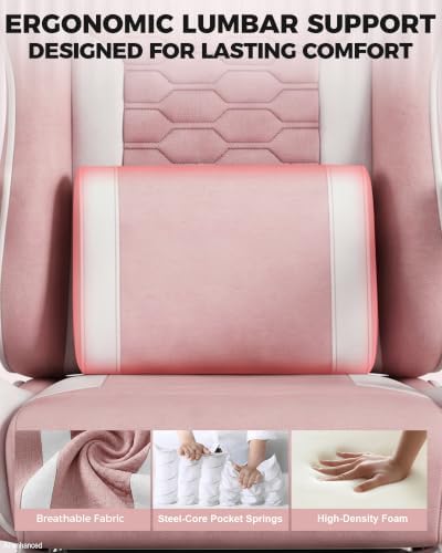 LUCKRACER Gaming Chair with Footrest and Pocket Spring Cushion, 90°-155° Reclining Ergonomic Computer Chair, 4" Height Adjustable, Lumbar Support, SGS Class 3 Gas Lift, Pink
