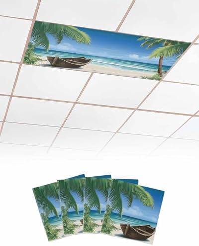 Summer 4 Pcs Fluorescent Light Covers, Ocean Beach Palm Tree Nautical Vessel Magnetic Filters Shade Panel Light Covers for Ceiling Lights Classroom Office Home Ceiling Decoration, 4 x 2 Ft