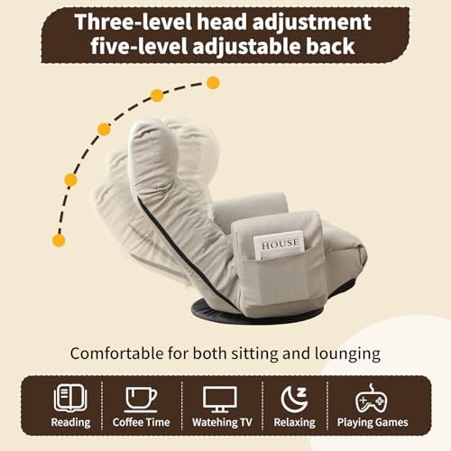 Swivel Lazy Floor Chair, Adjustable Reclining Floor Lounger with Head & Back Support, Comfy Tatami Sofa Seat for Adults Bedroom & Gaming