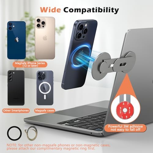 Magnetic Phone Holder for Laptop, 360° Adjustable MacBook Monitor Side Mount for iPhone 17 Pro Max/16/15/14/13/12 MagSafe for Tesla, Portable Foldable Cell Phone Holder Accessory, Gray