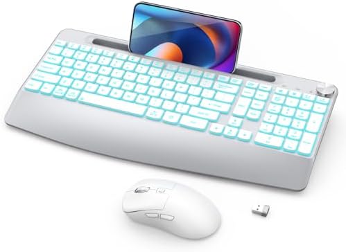 GAMCATZ Wireless Keyboard and Mouse Backlits - Full-Sized Ergonomic Lighted Keyboard with Wrist Rest, Phone Holder,2.4GHz Rechargeable Silent Keyboard Mouse Combo for Computer, Laptop, PC, Mac -White