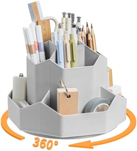 Cayxenful Pencil Pen Holder for Desk,9 Slots 360 Degree Rotating Desk Organizers,Desktop Storage Stationery Supplies Organizer, Cute Pencil Cup Pot For Office, School, Home(Grey)