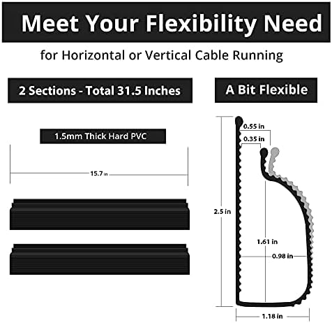 Cable Management Under Desk, 32in (2x15.75in) J Channel, Self Adhesive Cable Raceways Channel, Easy to Install Cord Cover Hider Desk Cord Organizer Electrical Black