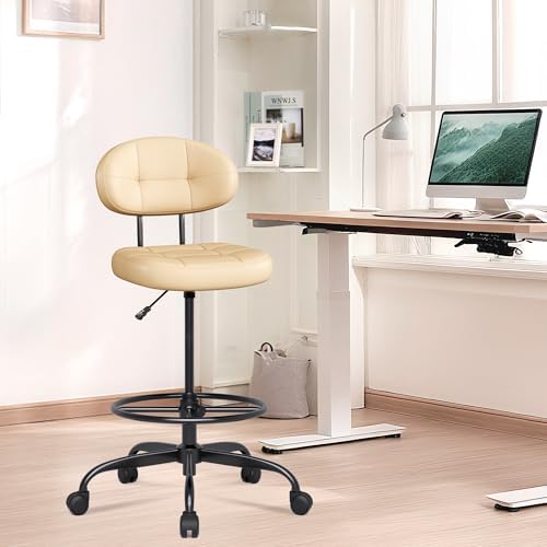Misolant Drafting Chair Without Arms, Tall Office Chair with Footrest Ring for Standing Desk, Small Faux Leather Executive Office Chair with Adjustable Height for Bar Lab Counter Height Desk, Khaki