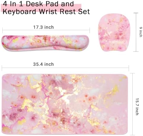 Keyboard Wrist Rest Large Mouse Pad Wrist Support for Computer, 4 in 1 Memory Foam Keyboard Pad Desk Mat Ergonomic Hand Rest Wrist Cushion for Home Office Gaming - Pink Gold