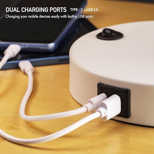 O'Bright Astrum - LED Desk Lamp with Dual USB Charging Ports, 100% Metal, 270 Degree Swivel Arms, Soft White Light (3000K), Bedside & Home Office Table Lamp, ETL Listed, White