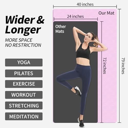 Hatha Yoga Extra Long TPE Yoga Mat 79" x 40" x 1/2" Thick Non-slip Exercise Mat for Home Gym Use, Yoga, Pilates, Fitness & Workouts