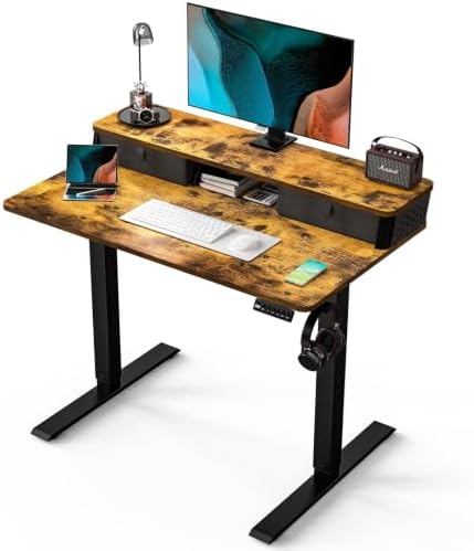 Kingant 40x24 Inch Electric Standing Desk with Dual Drawers, Rustic Brown