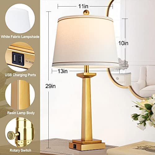 ROTTOGOON 29" Gold Table Lamps for Living Room Set of 2, 3-Color Temperature Nightstand Modern Lamps with Dual USB Charging Ports, Resin Brass Tall Lamp for Bedrooms (LED Bulbs Included)