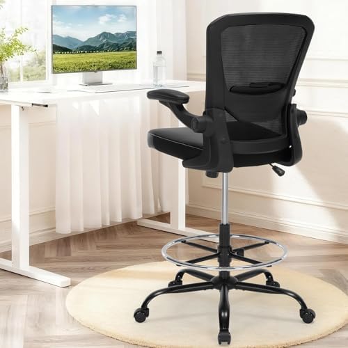 Drafting Chair Tall Office Chair with PU Leather Seat, 400lbs Ergonomic Standing Desk Chair with Lumbar Support,Counter Stool with Adjustable Footrest Ring & Flip-up Armrests,Black