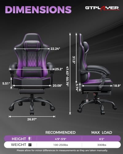 GTPLAYER Big and Tall Gaming Chair with Footrest, Ergonomic Office Desk Chair with 4.4in Thick Cushion and Wide Wingless Seat, Comfortable Leather Computer Chair, Predator Series, Purple Gradient
