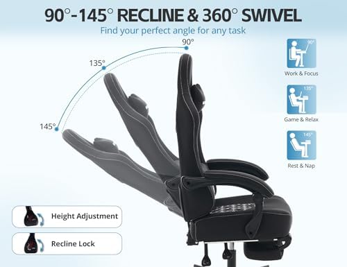 Office Chair for Home Office, Ergonomic Wide Seat Desk Chair with Pocket Spring Cushion, Breathable Leather Gaming Chair with Adjustable Headrest and Retractable Footrest，Black
