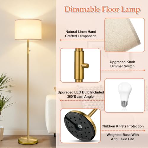 Floor Lamp Simple Design with Shade, Small Tall Lamps for Living Room Bedroom Office Dining Room Kitchen-Brass