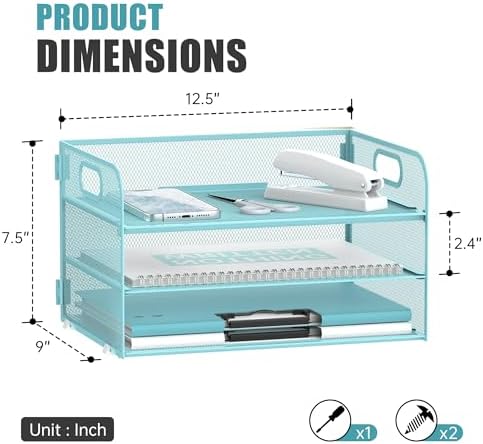DALTACK 3 Tier Paper Organizer for Desk, Sliding Paper Trays, Blue