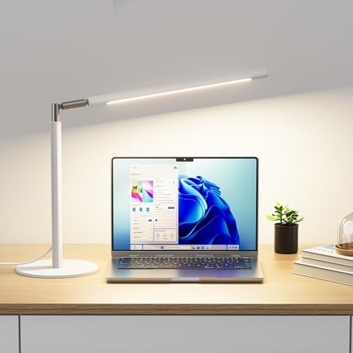 SIBRILLE White LED Desk Lamp, 16" Dimmable Metal Desk Light with Base, 15W 1200LM, Adapter Included, Color & Brightness Adjustable, Modern Tall Table Lamp for Home Office Reading Study Task Laptop