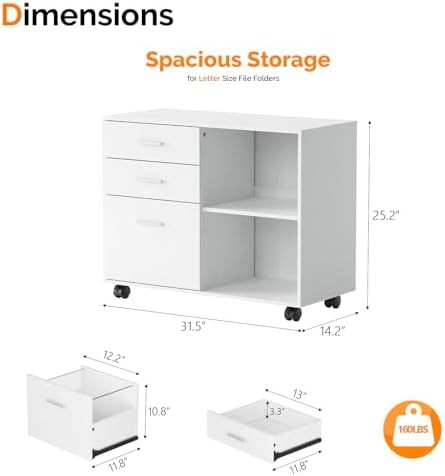 VINGLI 3 Drawer Wood Lateral File Cabinet with Adjustable Shelves & Locking Wheels, Printer Stand with Drawers for Letter Size Files, Sturdy White File Cabinets for Home Office, Study & Business