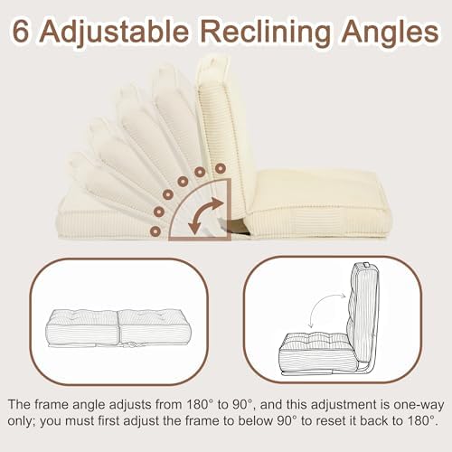 Folding Floor Tatami Chair with Back Support, 6-Position Adjustable, Beige
