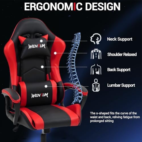 Ergonomic Massage Gaming Chair for Kids Adults, Comfy PU Leather Office Desk Chair with Adjustable Headrest Lumbar Support 360° Swivel, Red