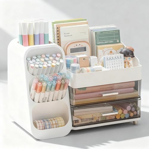 Desk Organizer with Pen Pencil Holder, Pen Organizer with 2 Drawers & 4 Compartments, Desktop Organizers and Storage for Office Home School Art Supplies (White)