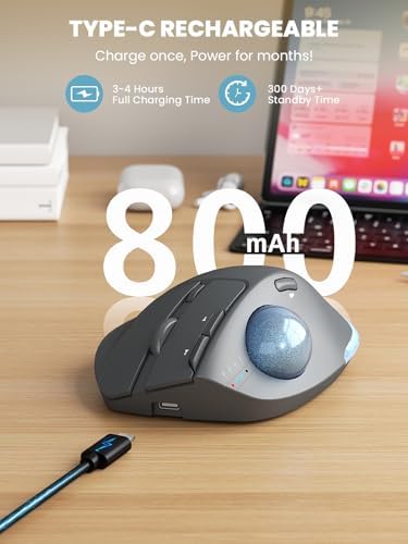 Wireless Trackball Mouse, Adjustable Angle Rechargeable, Backlit-Gray Mouse