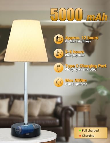 Cordless Lamp, 15'' Small Rechargeable Touch Control Table Lamps 5000mAh