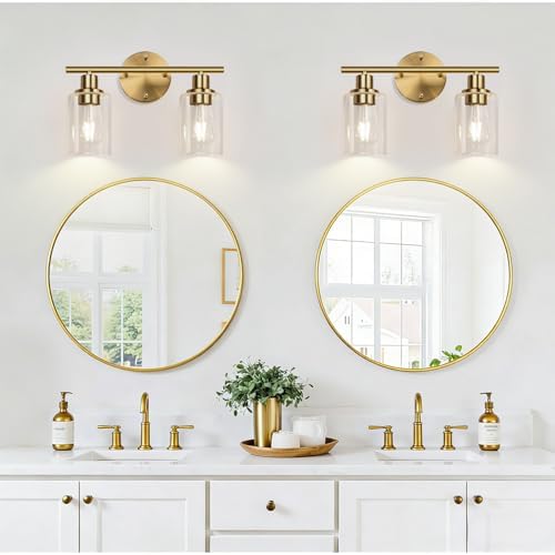 Zarbitta 2-Light Bathroom Light Fixtures, Brushed Gold Vanity Light, Modern Vanity Lights with Clear Glass Shade, Bathroom Wall Lamp for Mirror Kitchen Living Room Hallway Cabinet Porch