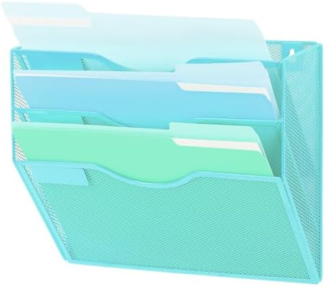 EASEPRES 3 Pocket Mesh Hanging Wall File Organizer, Wall Mounted Mail Paper Document Folder Holder, Clipboard Storage Organization Magazine Rack with Nametag Label for Office Home School, Blue