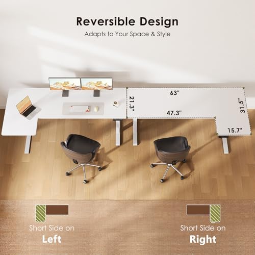 OffiGo 63 Inch Reversible L Shaped Electric Standing Desk, White