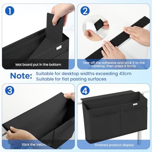2 Pack Desk Side Hanging Organizer, Adhesive Storage Bag with Pockets for Magazine Ipad Notebook, for End Tables Home Office Desks Computer Workstations Dressing Table, Black