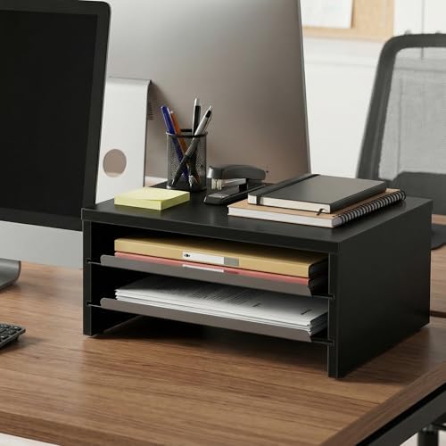 Fenge 14.3-Inch Monitor Stand with Slide-Out Trays, Wood & Metal Desk Shelf