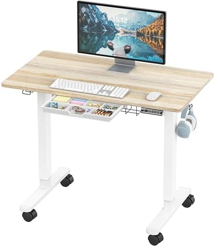 SHW Mobile Electric Height Adjustable Standing Desk w/Drawer, Maple