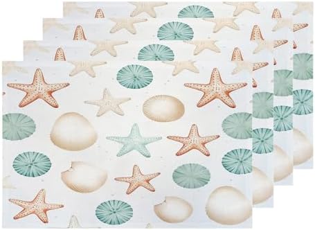 Shrahala Sea Creatures Set of 4 12 X 18 Inch Linen Placemats, Seaside Pattern Burlap Table Mat Washable Double Layered Heat Insulation for Indoor/Outdoor