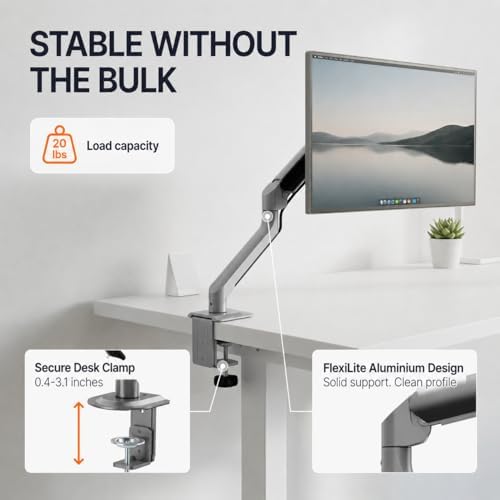 3IDEE FlexiLite Single Monitor Arm Desk Mount for 17-32" Screens, Holds up to 20 lbs, Slim Aluminium Design, Fully Adjustable & Flexible, Quick Box to Desk Setup, Clamp/Grommet Base, VESA 75/100